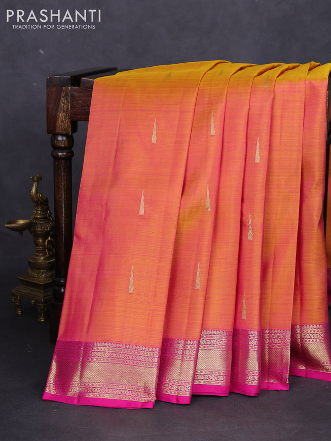 Pure kanchipuram silk saree dual shade of mustard yellow and pink with zari woven buttas and zari woven border