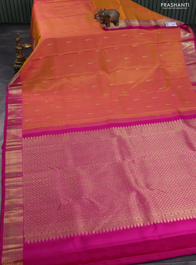 Pure kanchipuram silk saree dual shade of mustard yellow and pink with zari woven buttas and zari woven border