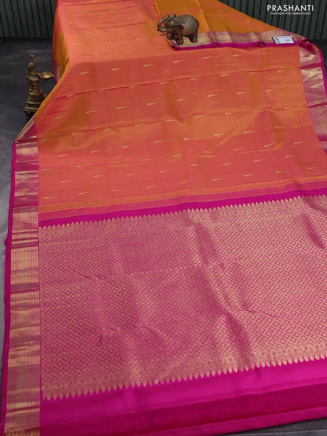 Pure kanchipuram silk saree dual shade of mustard yellow and pink with zari woven buttas and zari woven border