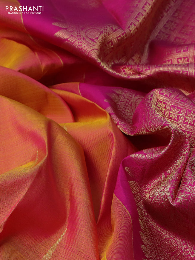 Pure kanchipuram silk saree dual shade of mustard yellow and pink with zari woven buttas and zari woven border