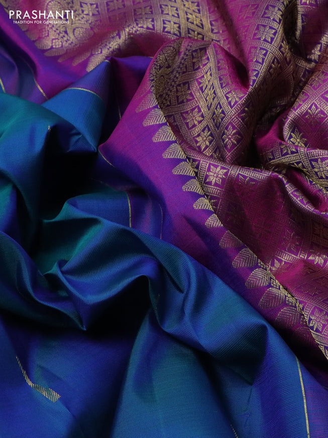 Pure kanchipuram silk saree cs blue and purple with zari woven buttas and zari woven border
