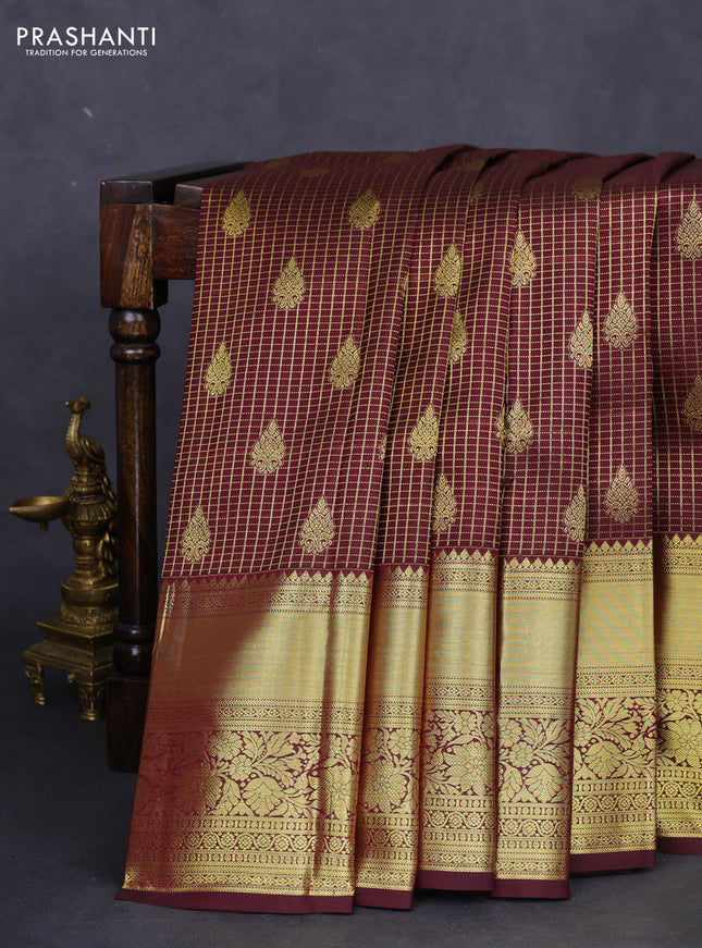 Pure kanchipuram silk saree deep maroon with allover small zari checks & buttas and long zari woven border