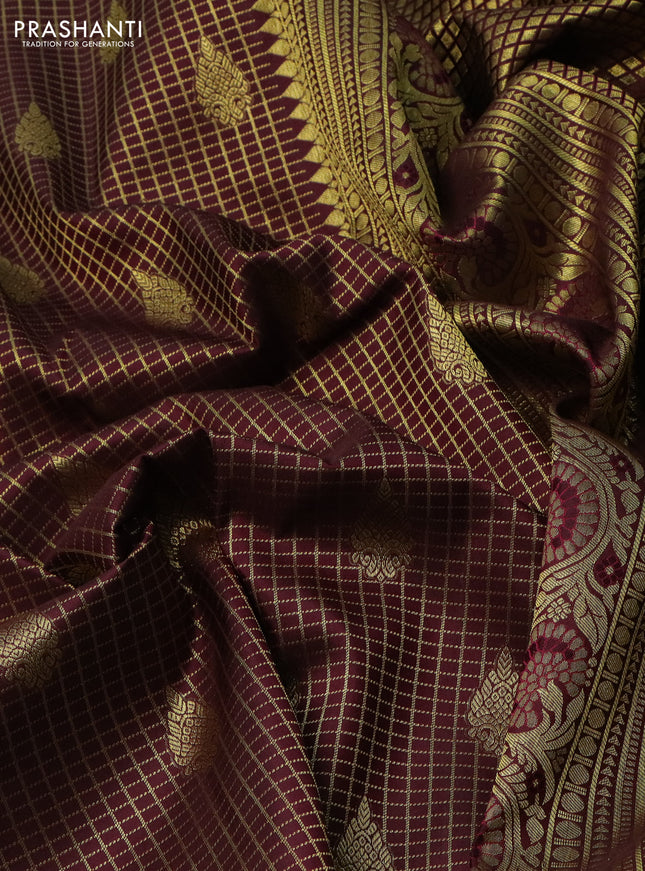 Pure kanchipuram silk saree deep maroon with allover small zari checks & buttas and long zari woven border