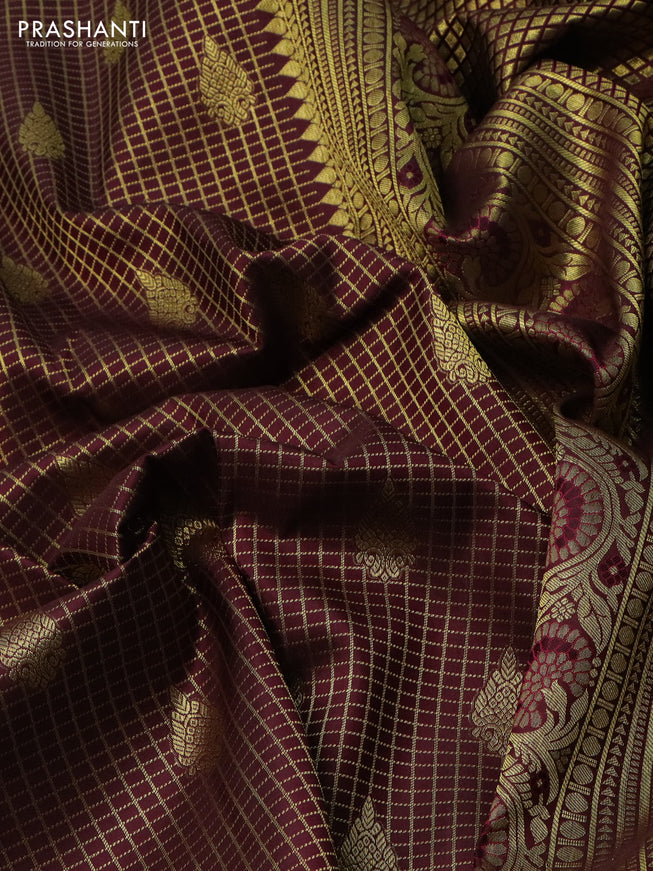 Pure kanchipuram silk saree deep maroon with allover small zari checks & buttas and long zari woven border