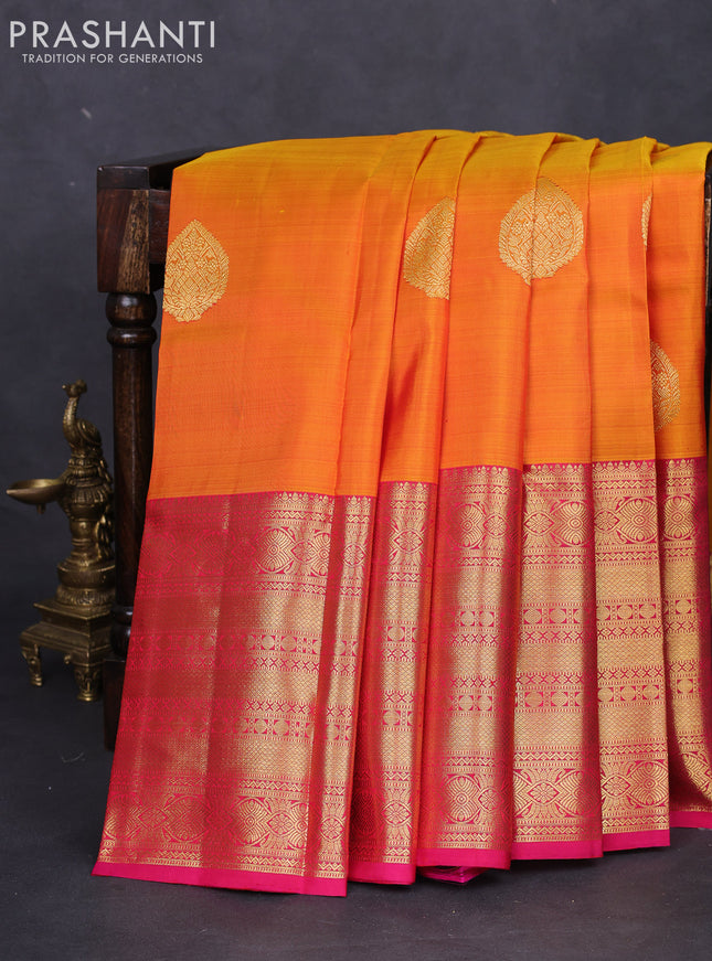 Pure kanchipuram silk saree mustard yellow and pink with zari woven buttas and long zari woven border