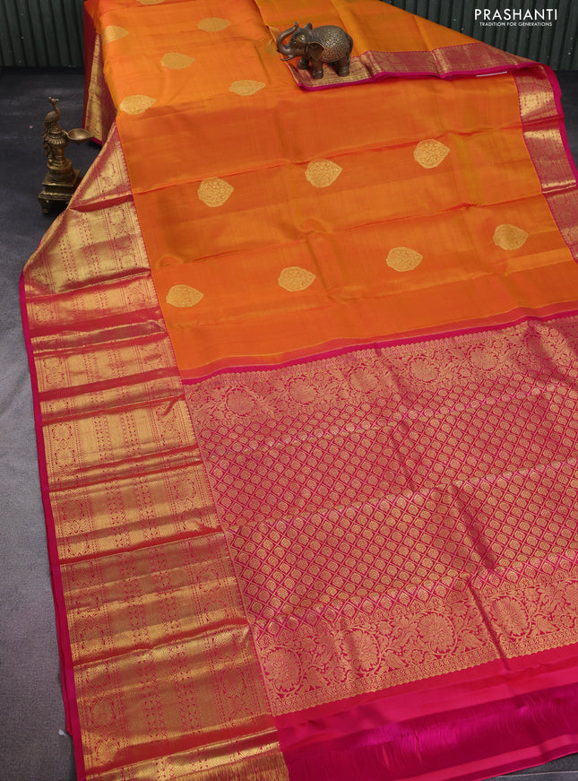 Pure kanchipuram silk saree mustard yellow and pink with zari woven buttas and long zari woven border