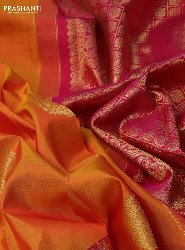 Pure kanchipuram silk saree mustard yellow and pink with zari woven buttas and long zari woven border