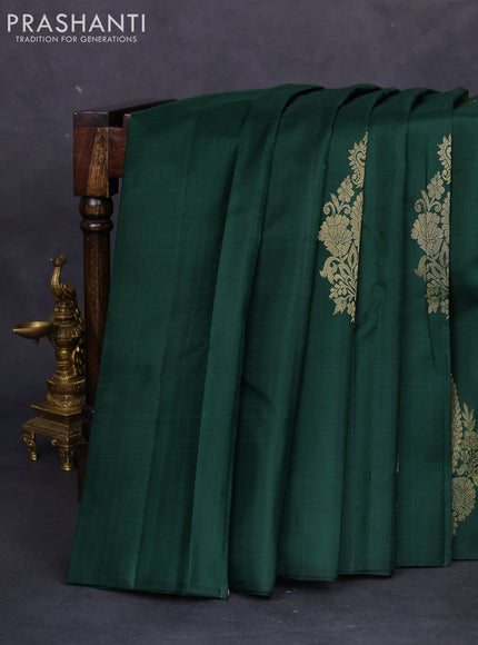 Pure kanchipuram silk saree dark green and pink with paisley zari woven buttas in borderless style