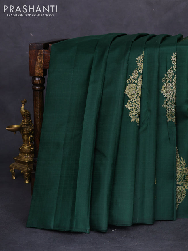 Pure kanchipuram silk saree dark green and pink with paisley zari woven buttas in borderless style