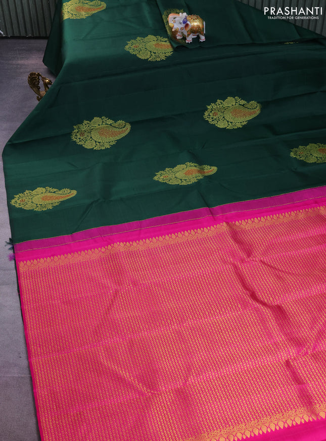 Pure kanchipuram silk saree dark green and pink with paisley zari woven buttas in borderless style