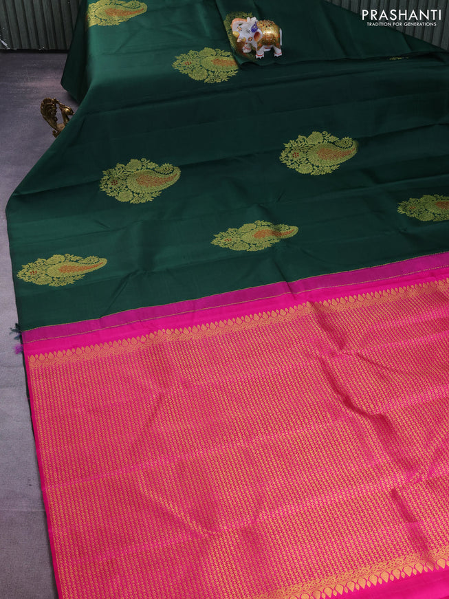 Pure kanchipuram silk saree dark green and pink with paisley zari woven buttas in borderless style