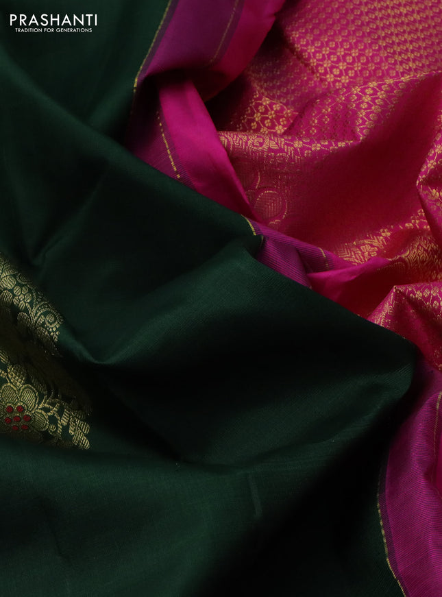 Pure kanchipuram silk saree dark green and pink with paisley zari woven buttas in borderless style