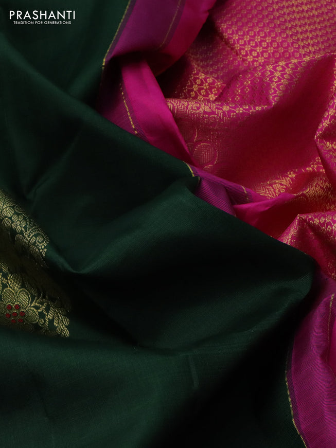 Pure kanchipuram silk saree dark green and pink with paisley zari woven buttas in borderless style