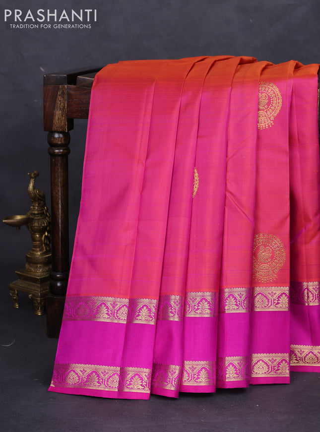 Pure kanchipuram silk saree dual shade of pinkish orange and pink with zari woven buttas and rettapet zari woven border