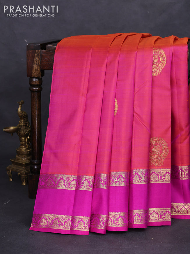 Pure kanchipuram silk saree dual shade of pinkish orange and pink with zari woven buttas and rettapet zari woven border