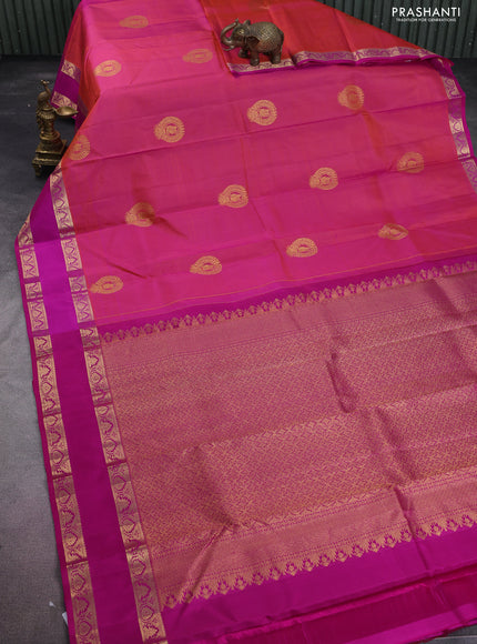 Pure kanchipuram silk saree dual shade of pinkish orange and pink with zari woven buttas and rettapet zari woven border