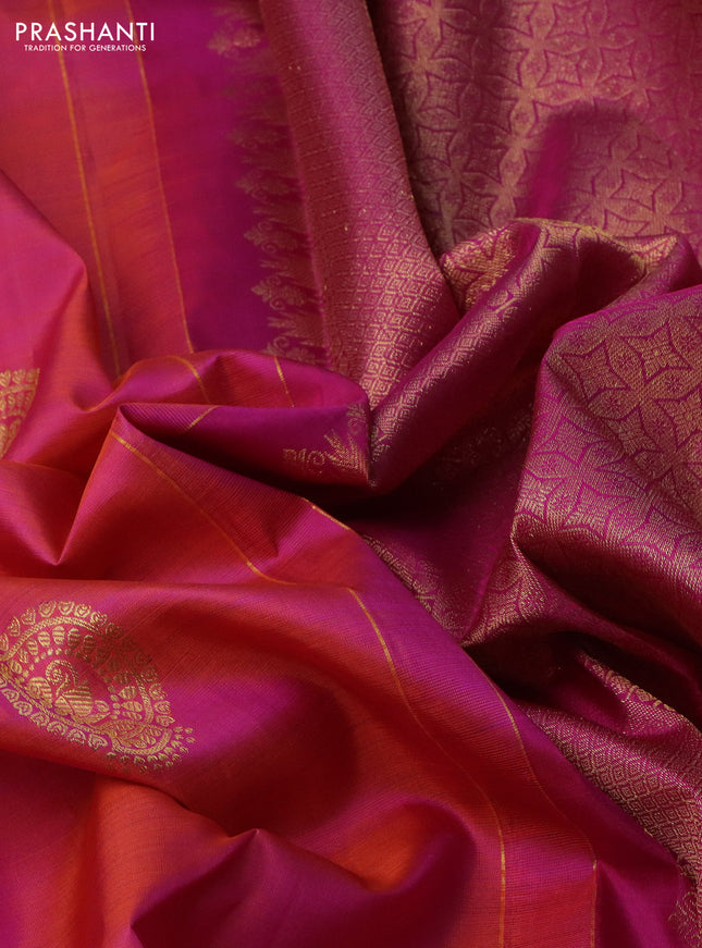 Pure kanchipuram silk saree dual shade of pinkish orange and pink with zari woven buttas and rettapet zari woven border