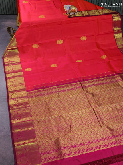 Pure kanchipuram silk saree dual shade of pinkish orange and magenta pink with zari woven buttas and zari woven border