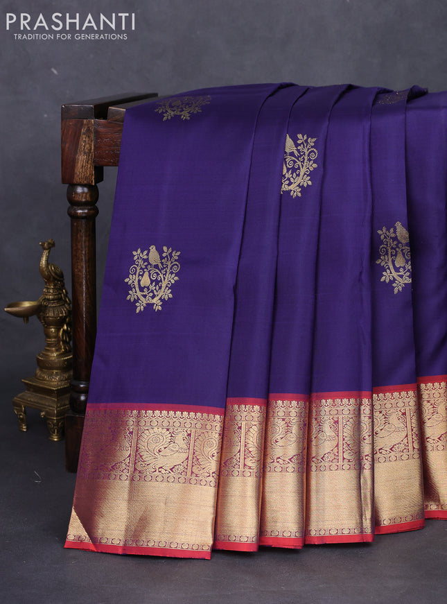 Pure kanchipuram silk saree blue and dual shade of pinkish orange with zari woven buttas and zari woven border
