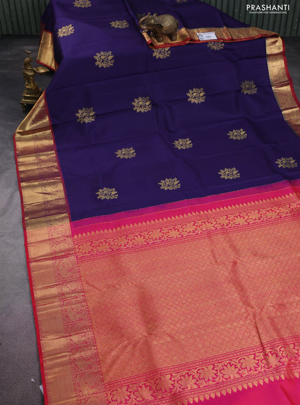 Pure kanchipuram silk saree blue and dual shade of pinkish orange with zari woven buttas and zari woven border