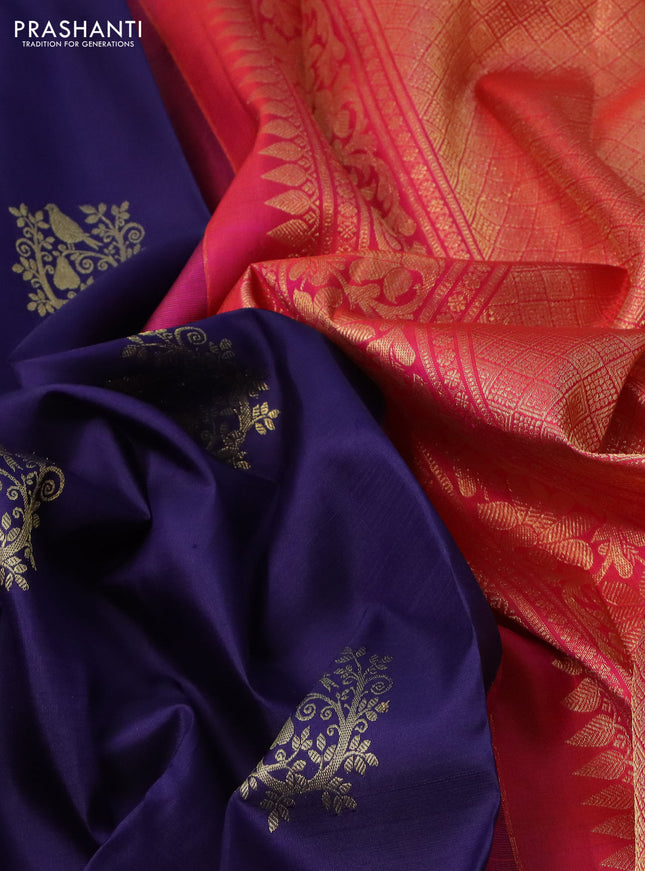 Pure kanchipuram silk saree blue and dual shade of pinkish orange with zari woven buttas and zari woven border