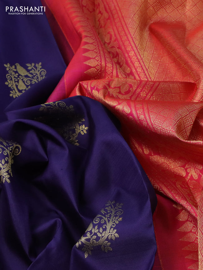 Pure kanchipuram silk saree blue and dual shade of pinkish orange with zari woven buttas and zari woven border