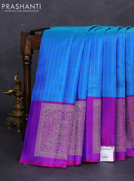 Pure kanchipuram silk saree cs blue and purple with allover zari weaves and zari woven box type butta border