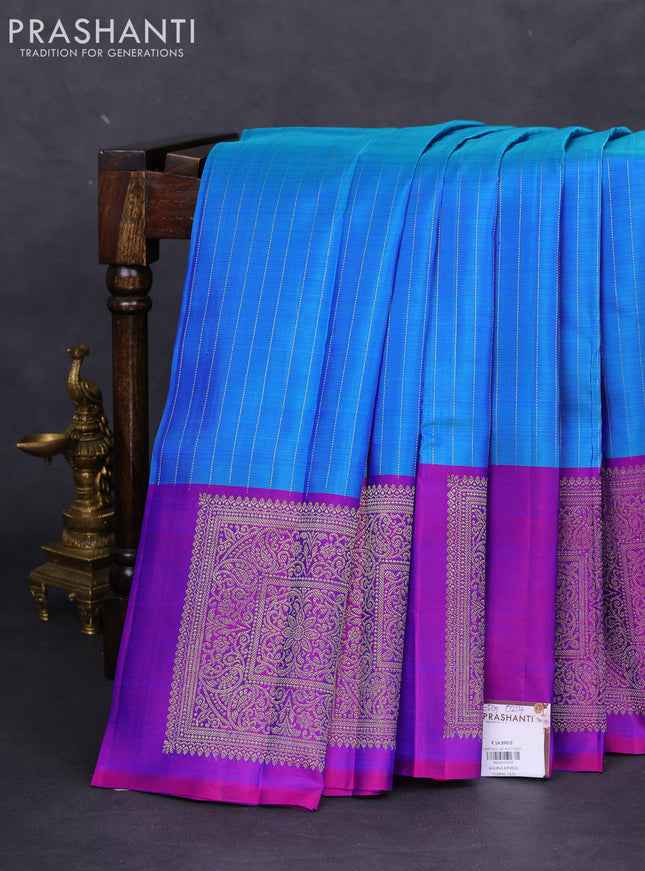 Pure kanchipuram silk saree cs blue and purple with allover zari weaves and zari woven box type butta border