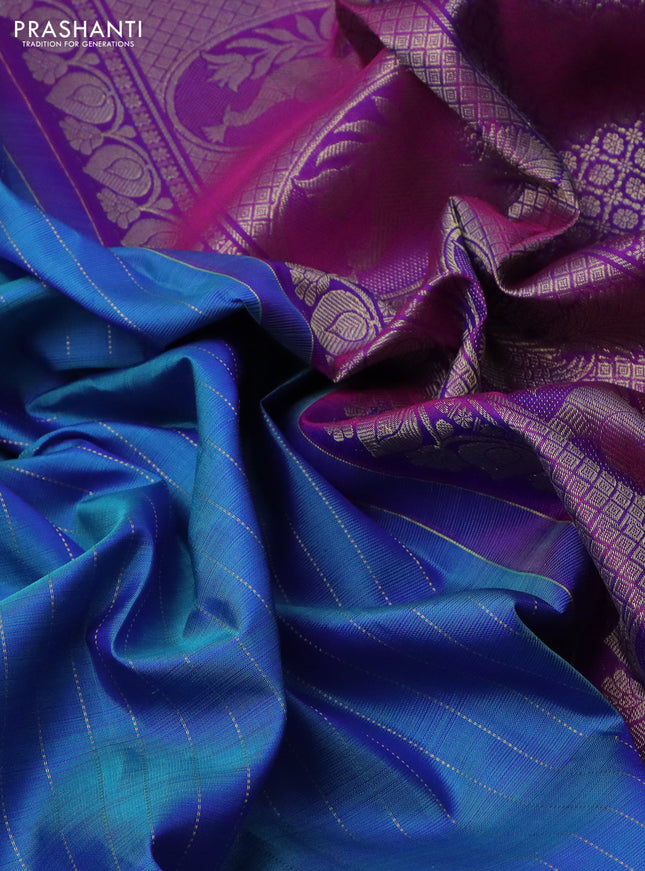 Pure kanchipuram silk saree cs blue and purple with allover zari weaves and zari woven box type butta border