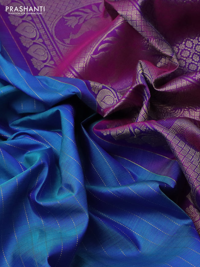 Pure kanchipuram silk saree cs blue and purple with allover zari weaves and zari woven box type butta border