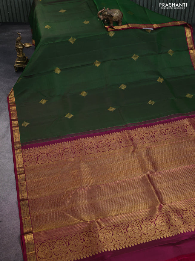 Pure kanchipuram silk saree green and magenta pink with zari woven buttas and zari woven border