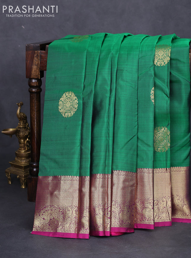 Pure kanchipuram silk saree green and magenta pink with zari woven buttas and zari woven border