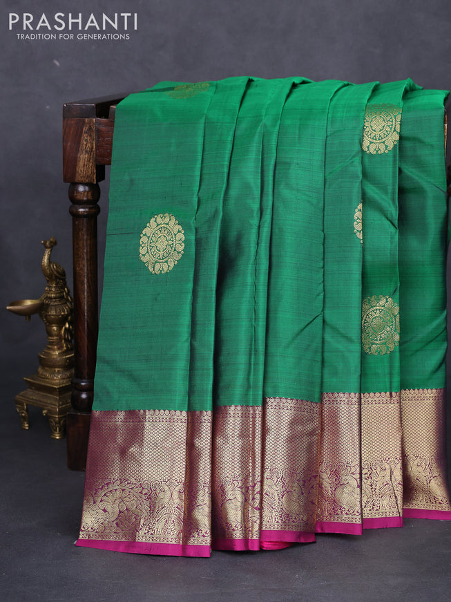 Pure kanchipuram silk saree green and magenta pink with zari woven buttas and zari woven border