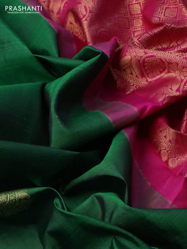 Pure kanchipuram silk saree green and magenta pink with zari woven buttas and zari woven border