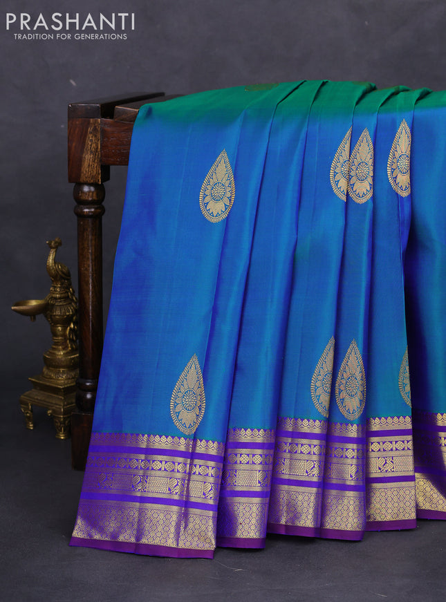 Pure kanchipuram silk saree dual shade of green and blue with zari woven buttas and zari woven border