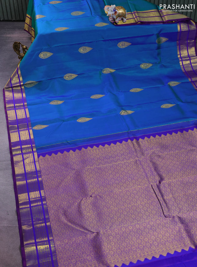 Pure kanchipuram silk saree dual shade of green and blue with zari woven buttas and zari woven border