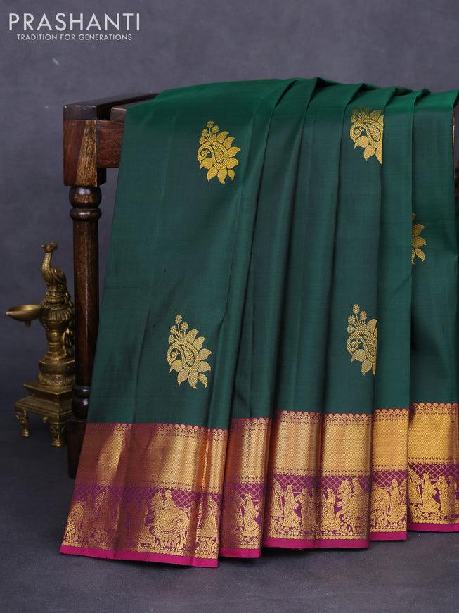 Pure kanchipuram silk saree green and purple with zari woven buttas and zari woven border