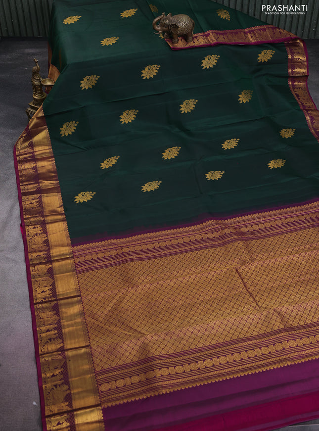 Pure kanchipuram silk saree green and purple with zari woven buttas and zari woven border