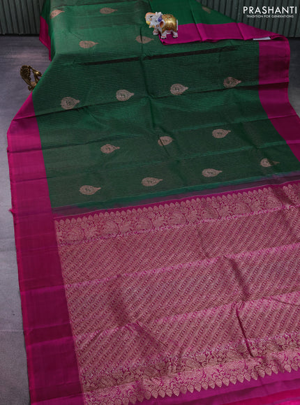 Pure kanchipuram silk saree green and magenta pink with allover zari weaves and simple border