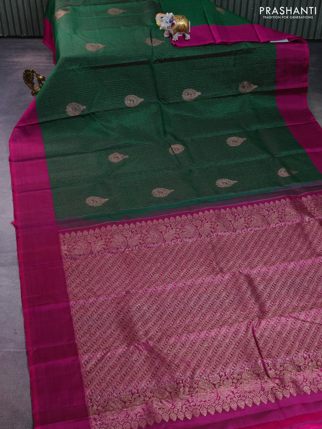 Pure kanchipuram silk saree green and magenta pink with allover zari weaves and simple border