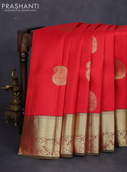 Pure kanchipuram silk saree red and dual shade of green with zari woven buttas and zari woven border