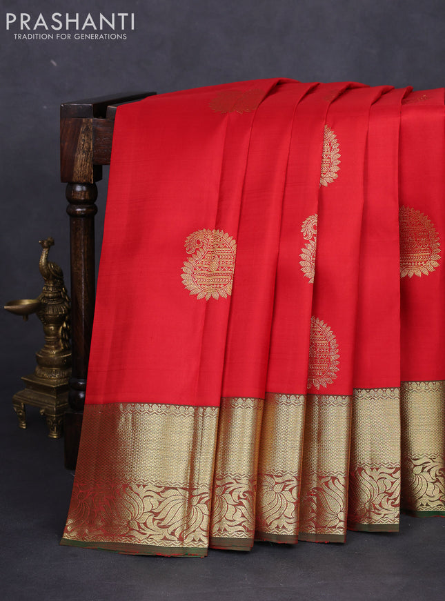 Pure kanchipuram silk saree red and dual shade of green with zari woven buttas and zari woven border