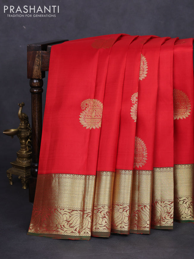 Pure kanchipuram silk saree red and dual shade of green with zari woven buttas and zari woven border
