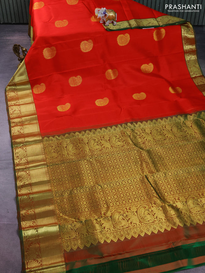 Pure kanchipuram silk saree red and dual shade of green with zari woven buttas and zari woven border