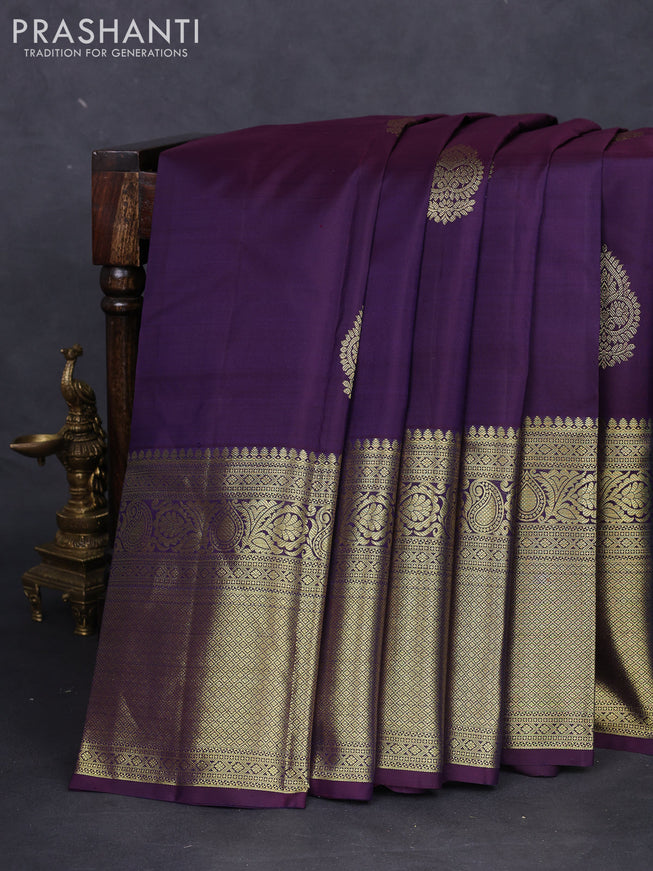 Pure kanchipuram silk saree deep jamun with zari woven buttas and long zari woven border