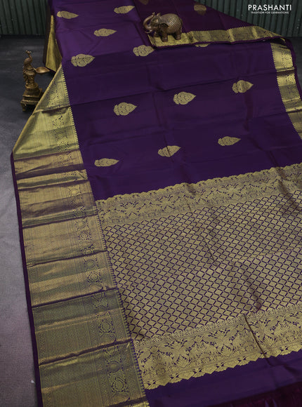 Pure kanchipuram silk saree deep jamun with zari woven buttas and long zari woven border