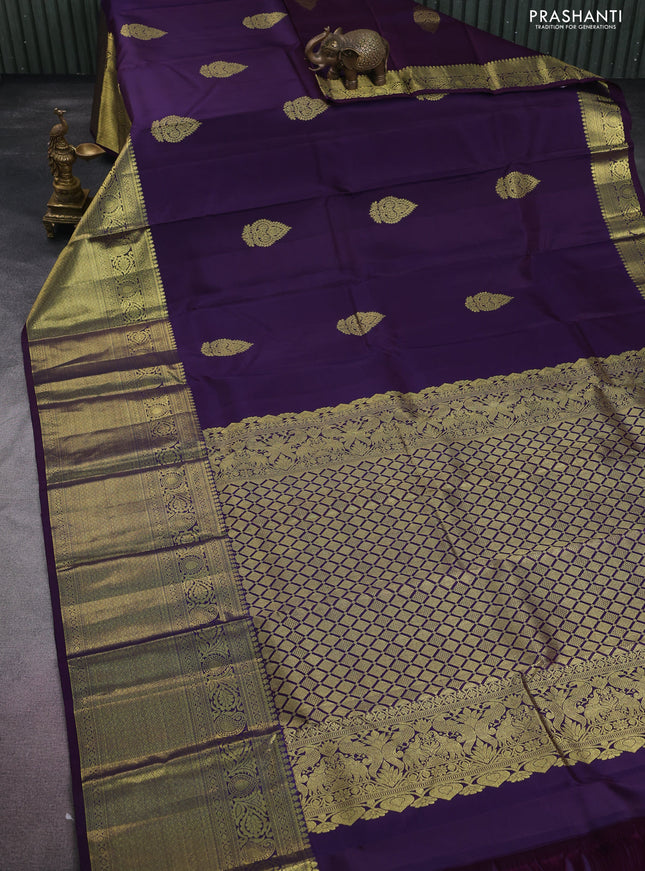 Pure kanchipuram silk saree deep jamun with zari woven buttas and long zari woven border