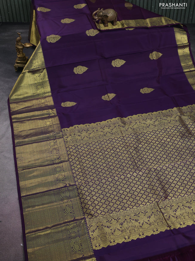 Pure kanchipuram silk saree deep jamun with zari woven buttas and long zari woven border