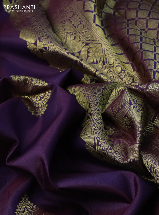Pure kanchipuram silk saree deep jamun with zari woven buttas and long zari woven border