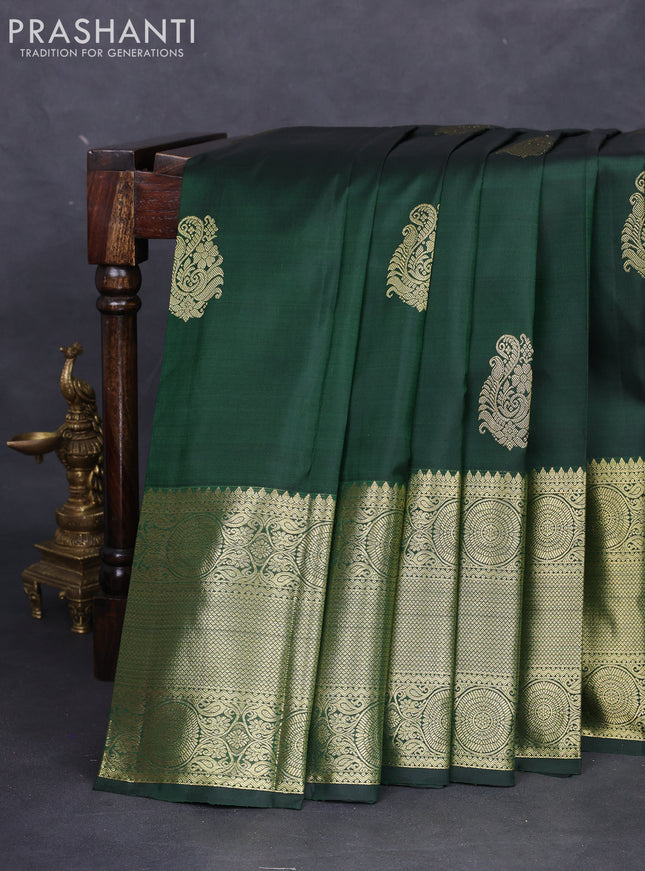 Pure kanchipuram silk saree dark green with zari woven buttas and zari woven border